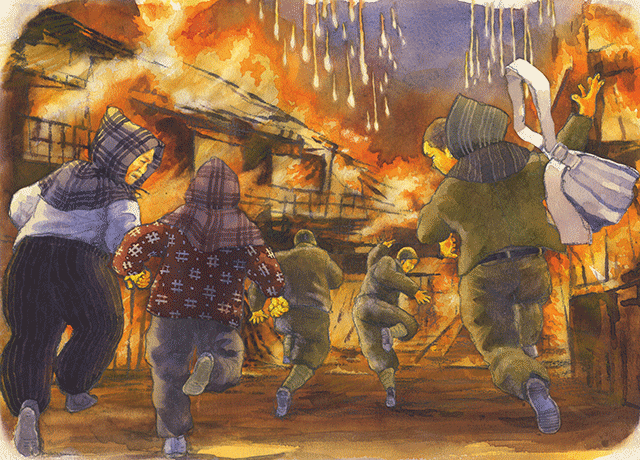 紙芝居「いくさの少年期」より、福井市街に焼夷弾が降りそそぐ